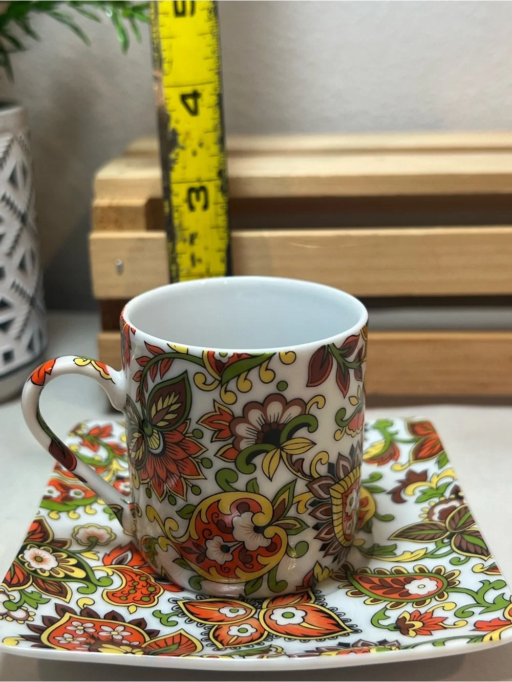 ☀️2/$20 Brightly Colored Floral Demitasse Espresso Cup & Square Saucer Set | EUC
